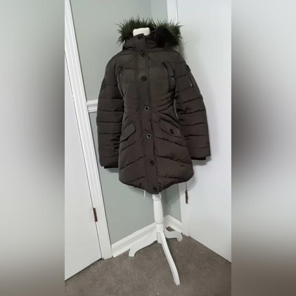 Diesel Girls Sz 14 Green Faux Fur Trim Hooded Puffer Coat